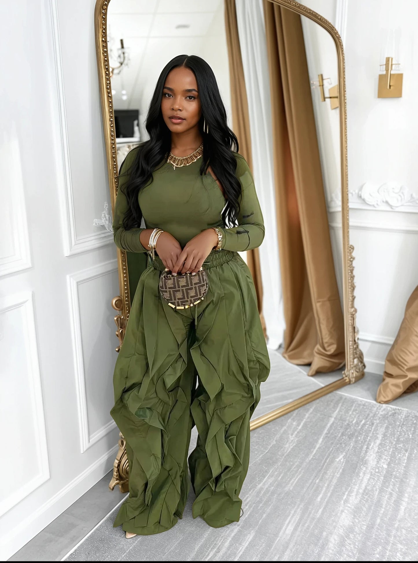 Casual wide Leg Ruffle Pants Two Piece Set