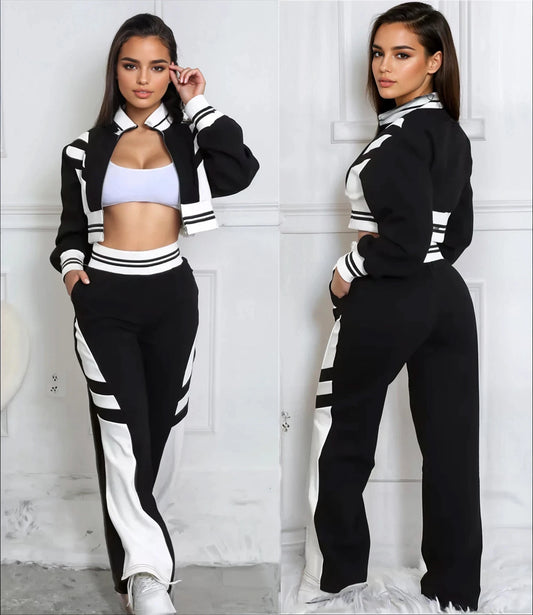 Casual Collar Zip-Up Top High Rise Pants 2pcs Set