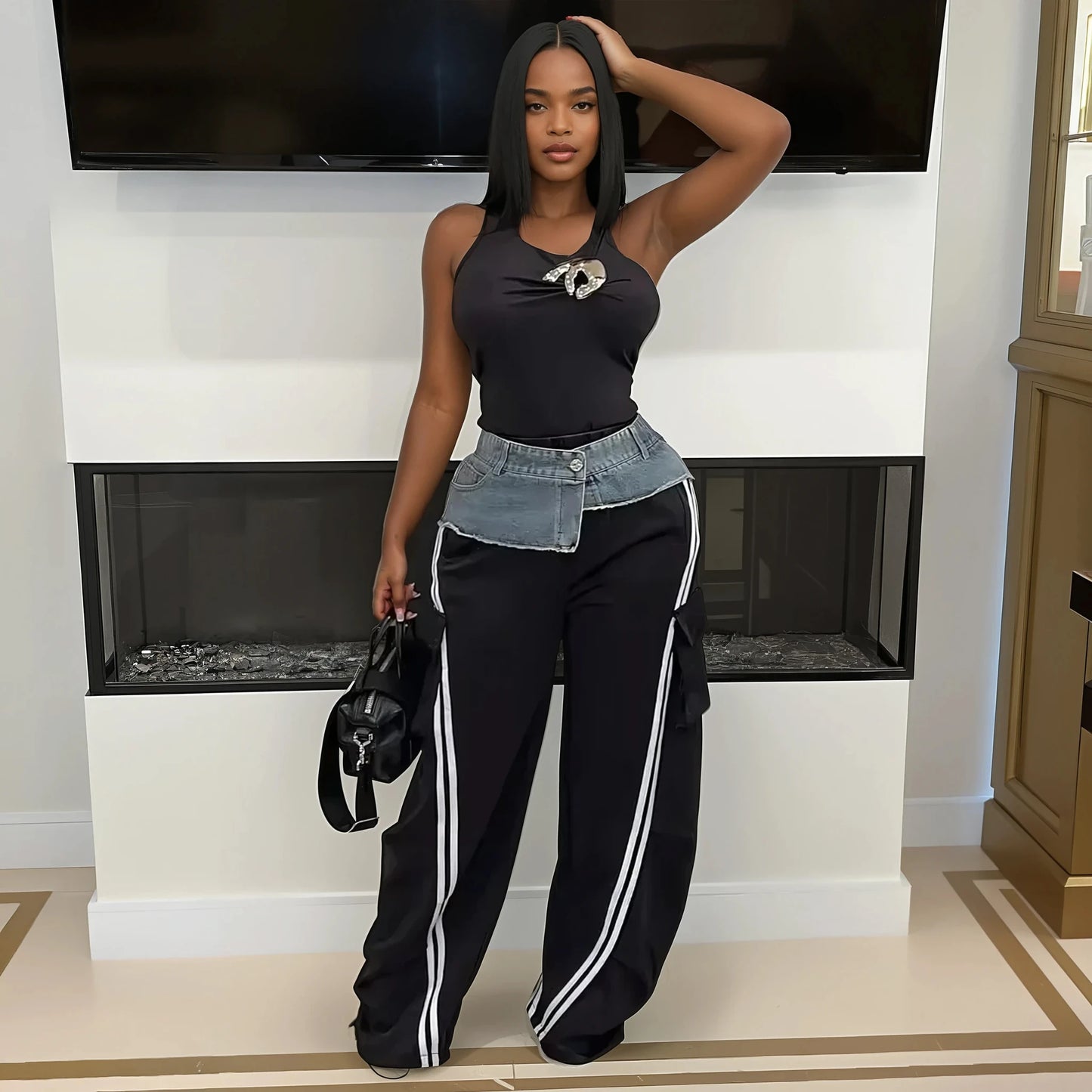 Casual High Waist Denim Patchwork Loose Sweatpants