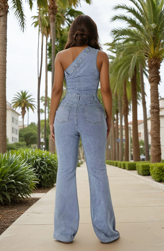 Denim One Shoulder Jumpsuit