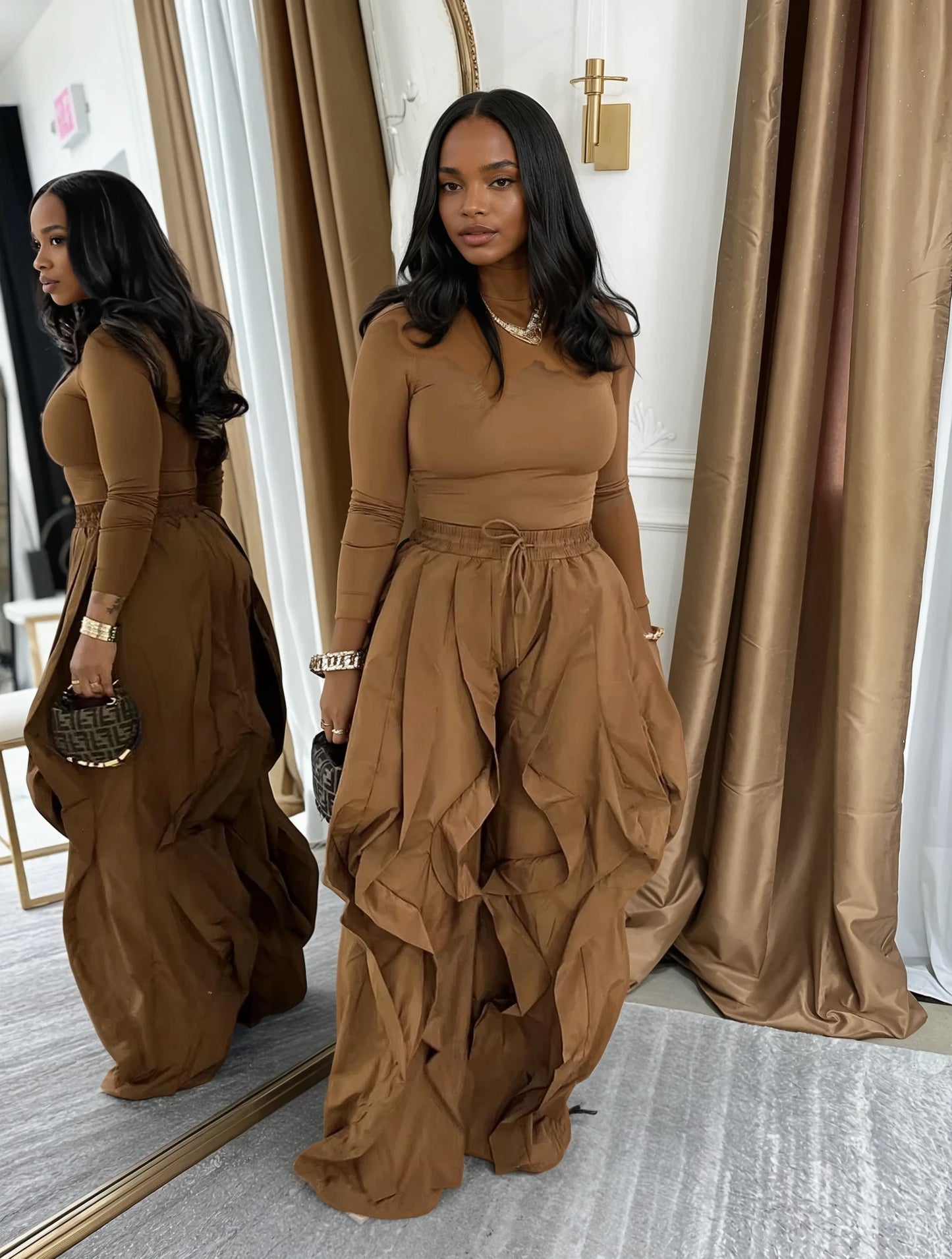 Casual wide Leg Ruffle Pants Two Piece Set