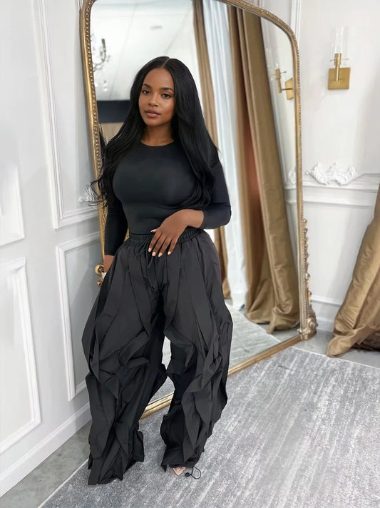 Casual wide Leg Ruffle Pants Two Piece Set